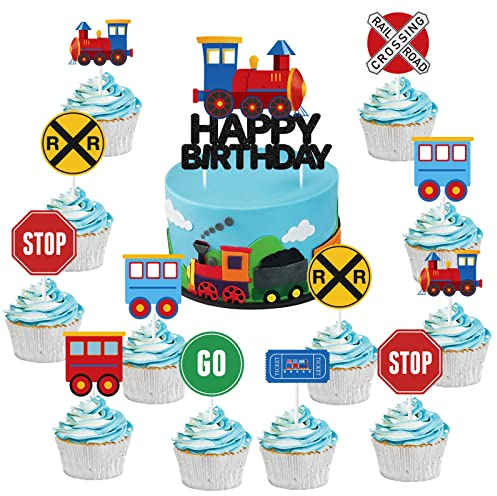 Train Cake Toppers für Jungen, 25 Stück Transport Cupcake Topper, Verkehr Alles Gute zum Geburtstag Kuchen Dekorationen für Geburtstagsfeier, Eisenbahn Zug Kreuzende Themen Party Dekorationen