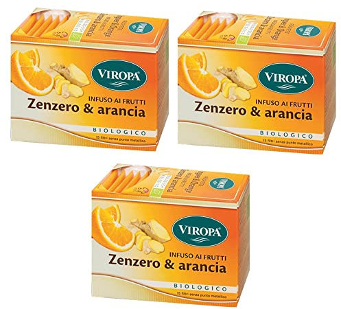 3x Viropa - Infuso ai Frutti Zenzero e Arancia - 15 filtri - Confezione da 3 x 15 filtri - Sapone speziato e fruttato - Tisane ed infusi in filtro + in OMAGGIO 2 Tisane Funzionali Viropa