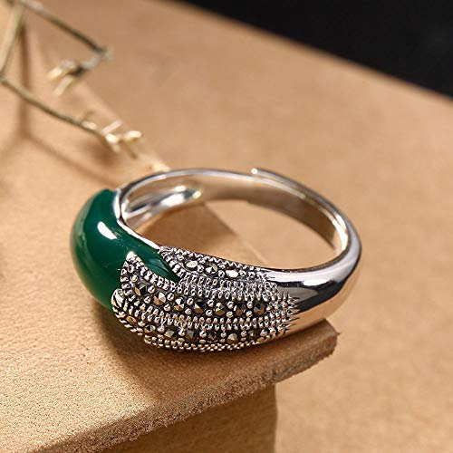 ASDFY 925 Sterling Silber Ring Vintage Marcasite Polieren Eingelegt Chrysopras Offen Verstellbare Ringe Schmuck Geschenke Für Jungen Mädchen Männer Frauen Ring Schmuck,