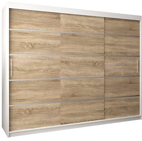 MEBLE KRYSPOL Schwebetürenschrank Verona 1 250 cm Kleiderschrank mit Kleiderstange und Einlegeboden Schlafzimmer- Wohnzimmerschrank Schiebetüren Modern Design (Schubladen: 0, Weiß + Sonoma)