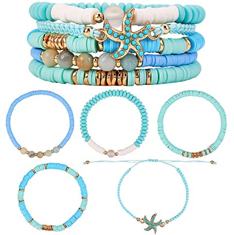 WEWAYSMILE 5 Pièces Bracelets Empilables Perles Heishi, Ensemble Bracelets Surfeur Heishi, pour Femme, Bleu, Diamètre Intérieur: 2-1/4~3-5/8 pouce (5.6~9.3 cm)