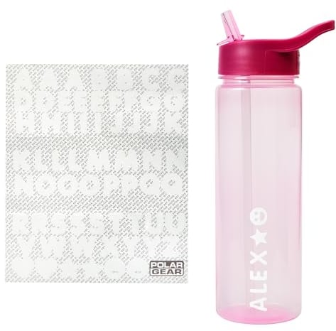 Polar Gear Personalised A-Z Sticker Water Bottle with Straw 600ml – Official Merchandise Kids Reusable Non Spill BPA Free Tritan – Personalise - Ideal For School Nursery Sports Picnic,Pink/Berry
