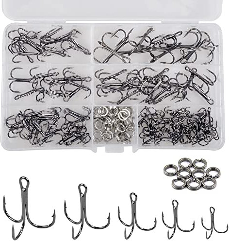 Fishing Treble Hooks Kit with Split Rings, 150pcs/box Sharp Round Bend Treble Hooks High Carbon Steel Hooks with Stainless Steel Double Split Ring for Fishing Lures Baits Freshwater Saltwater Fishing