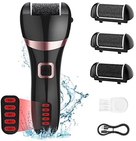 Electric Foot File Callus Remover,Wolady Waterproof Feet Hard Skin Remover Rechargeable with 3 Rollers and 2 Speeds,10 in 1 Foot Scrubber Pedicure Kit for Dead Skin Calluses Cracked Heel,Black