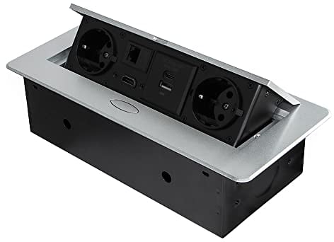 Emuca - Regletas enchufe, Regleta multienchufe retráctil para empotrar en la mesa, base de enchufes multiconector (enchufe EU tipo F, USB A+C, RJ45 y HDMI), 265x120mm, Pintado aluminio