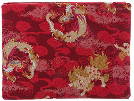 Baumwollstoff, asiatischer Drachen, 2 Meter, Metallic-Gold, Rot