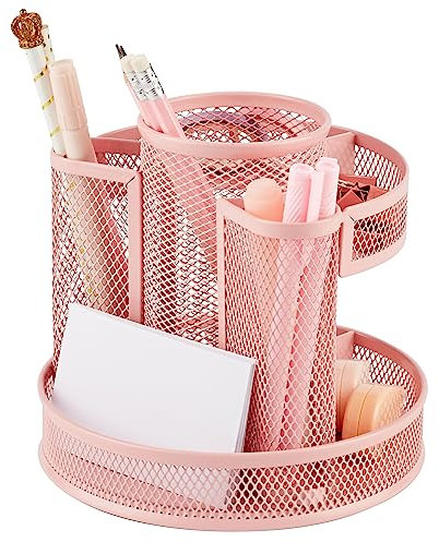 Annova Schreibtisch-Organizer, drehbar, mit 5 Fächern, rund, drehbar, für Süßigkeiten/Stifte, Schreibtisch, Zubehör, Büro, Kunstbedarf, Aufbewahrung, Klassenzimmer, Zuhause (Hellrosa)