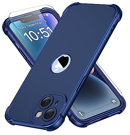 ORETECH Coque pour iPhone 14 Plus + 2 Pièces Verre Trempé Protection écran, Antichoc Souple Silicone TPU Arrière Rigide PC Avant Housse de Protection pour iPhone 14 Plus Case 6,7 Bleu