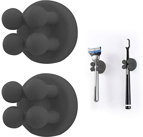 2 pezzi Porta spazzolino in silicone - Ganci multifunzione autoadesivi da parete per appendere chiavi, spazzolini da denti, rasoi e piccoli oggetti per la cucina, il bagno e l'ufficio(nero)