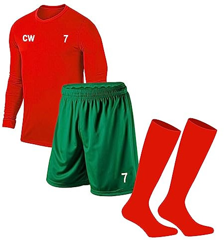 PROSTYLE SPORTS Printed Football Kit Soccer kit Full Sleeve Football Soccer Jersey,Shorts and Socks Set Adult Red (as8, alpha, x_l, regular, regular, Red/Green)