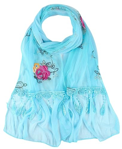 MAIRY Bunter Schal Blau Damen XXL - Abschiedsgeschenk für Kollegen, Blumen Spitzenschal Mit Fransen, Weiches Netz Wraps für Hochzeit Party DE165028