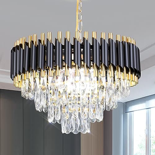 FRIXCHUR Modern Crystal Chandelier 20 Black and Gold Flush Mount Ceiling Light 4 Tiers Raindrop Crystal Pendant Light Crystal Ceiling Light Chandelier for Bedroom Dining Room Entryway