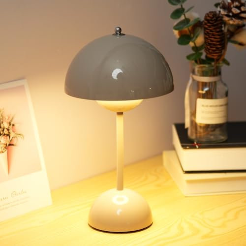Lampe de Table Champignon Moderne de 16CM, Lampe de Pot de Fleurs Réglable, Lampe de Table Grise avec Fonction de Mémoire de Luminosité, Idéale pour le Salon, la Chambre, la Salle à Manger, le Café.