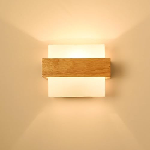 Comely Holz Wandleuchte Innen, Vintage E27 Wandlampe Innen mit Glas Lampenschirm, Auf und Ab Beleuchtung Moderne Wandbeleuchtung für Wohnzimmer Schlafzimmer Flur Treppen