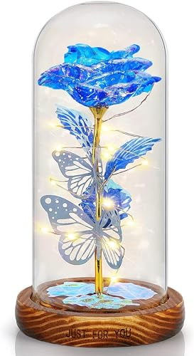 ZAJCI Rose Eternelle sous Cloche Cadeau Femme avec LED Lumières - Saint Valentin Rose Eternelle avec Fleurs de Lumineuses pour Elle, pour Fête des Mères, Mariage, Noël, Anniversaire (Bleu)