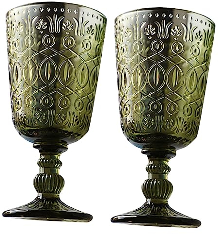 Milisten 2pcs Vintage Embossed Green Wine Goblet Set 350ml Luxury Drinking Ware