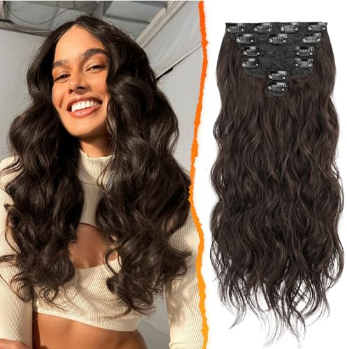 BARSDAR Clip in Haarverlängerung, 50CM Lang Wellig Braun Haarextension Clip in 6PCs Voller Kopf Dickes Synthetisches Extensions Haarteil Für Damen (Dunkel Braun)