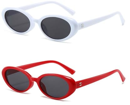 crazy bean 2 Stück Sonnenbrille Damen Herren Oval Rund Retro Sunglasses Woman Vintage Sonnenbrille für Party Raver y2k Bunte Sonnenbrillen Set,gläser schwarze - rahmen rot + weiß