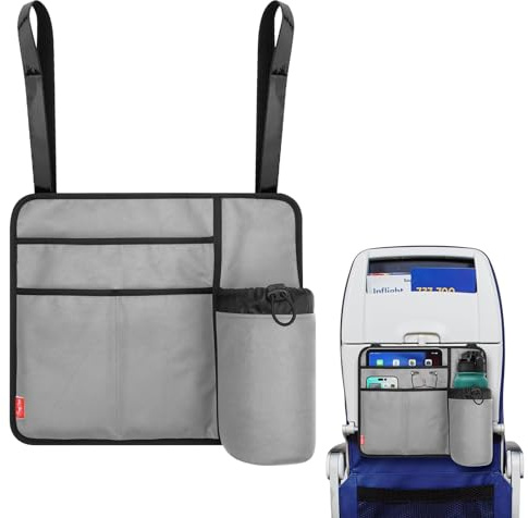 Airplane Seat Back Organizer & Storage, Airplane Tray Table Cover for Personal Items, Airline Seat Hanging Pockets Media Pouch,Reusable Travel Essentials,Fits Tablets,Cell Phone,Water Bottle (Grey)