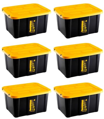 Acan Tradineur - Pack de 6 Cajas de almacenaje apilable con Tapa, plástico, cajón Multiusos, ordenación, Herramientas, hogar, Fabricada en España (30 litros - Amarillo/Negro - 48 x 35 x 25,5 cm)