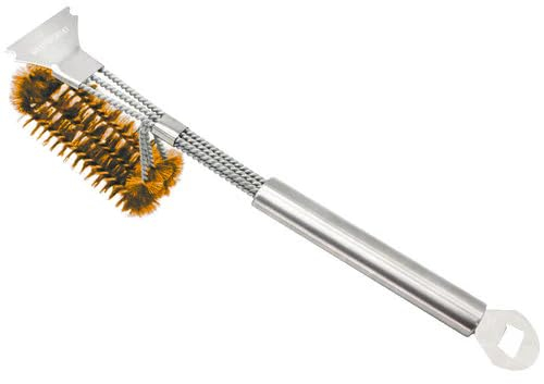 BABOSSA 3-in-1 Grillbürste Messing – Multifunktionales Grillzubehör mit robusten Messing Borsten, Stahl Schaber und Flaschenöffner – Für die Reinigung von Rosten, Planchas und Grillplatten