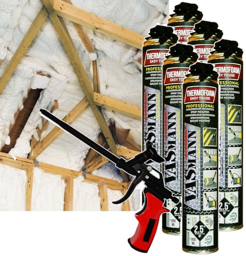 VASmann Sprühdämmung / Sprühisolierung Dachdämmung 6x890ml+Pistole Kellerdeckendämmung Zwischensparrendämmung Wärmedämmung EPS / XPS Dämmung Sprühdämmung (15m2+Pistole)