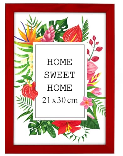 MG Design Rot Bilderrahmen A4 21 x 29,7 cm – Aus echtem Holz mit Acrylglas, zum Aufhängen & Aufstellen, für Fotos, Poster & Puzzle