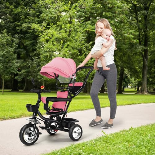 HUOLE Dreirad mit Schubstange, Kinderdreirad, Laufrad ab 1 Jahre,Mit Schiebebügel + Markise & abnehmbaren Fußstützen & umkehrbarem Sitz, Anti-Blast-Gummireifen-4 in 1 (rosa)