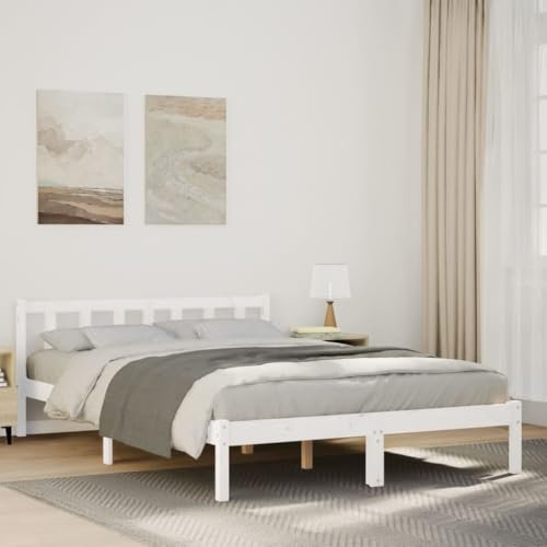 vidaXL Massivholzbett, Holzbett mit Kopfteil Lattenrost, Doppelbett für Schlafzimmer, Bett Bettgestell, Modern, Weiß 160x220cm Massivholz Kiefer