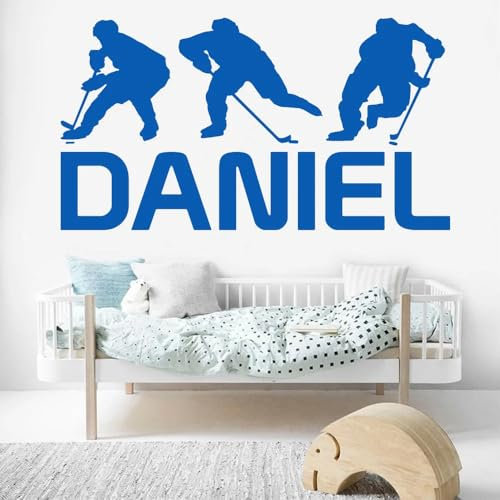 Hockey-Wandaufkleber, personalisierbar, personalisierbar, für Jungen und Mädchen, Vinyl-Aufkleber, Heimdekoration, Kinderzimmer, Schlafzimmer, Fenster, Tür, Wand, klein – 31 x 57 cm