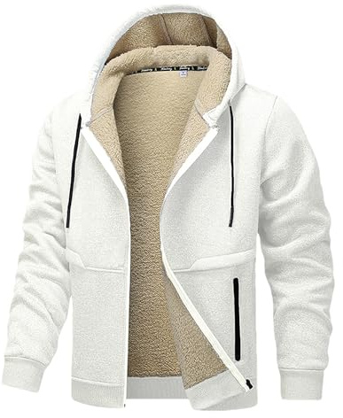 ANUFER Uomo Termico Sherpa Foderato in Pile Felpa Giacca Antivento Cerniera Cappuccio con Tasche SN0710117 Bianco 2XL