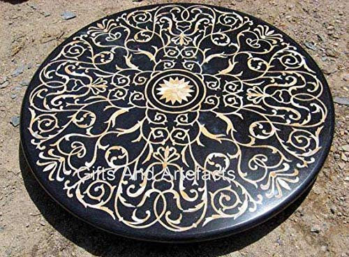 Runde Tischplatte aus Perlmutt-Inlay, 122 x 122 cm, schwarzer Marmor-Gartentisch mit entzückender Optik