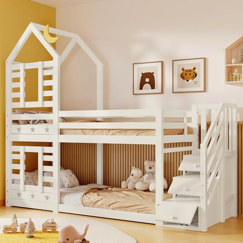 Merax Wooden Bunk Beds for Kids, 3FT Loft Bed with Storage Ladder and Guard Rail, Single Bed with Slatted Frame, Space-Saving Kids Bed Treehouse Canopy Design, White, 90x190 cm (No Mattress)