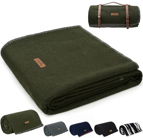Molithe 100% Wolldecke, 122 x 157 cm, warm, dick, waschbar, militärische Wolldecke, ideal für Camping, im Freien, Sportveranstaltungen, Überlebenssets, Olivgrün
