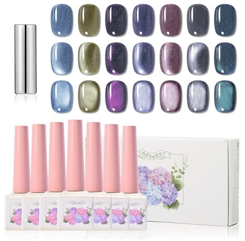 ADHERE 12ml 7pcs Cat Eye Gel Kit Blue Purple Green with Magnetic Stick, Holographic Glitter Cat Eye Gel Polish Nail Varnish UV LED Nail Gel Polish for Nail Salon DIY Nail Design