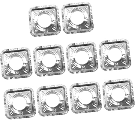 Herdplattenabdeckungen aus Aluminiumfolie 10 Stück Silber Quadratisch | Gasherd, Wiederverwendbar, Hitzebeständig und Ölabweisend, Passende Reinigungspads
