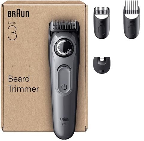 Braun Barttrimmer Series 3, Elektrischer Bartschneider Herren, 4 Zubehörteile, Ultrascharfe ProBlade Klinge, 50 Min Akkulaufzeit, Kabelloser Bartrasierer, 40 Längen, Wasserdicht, BT3525, Grau