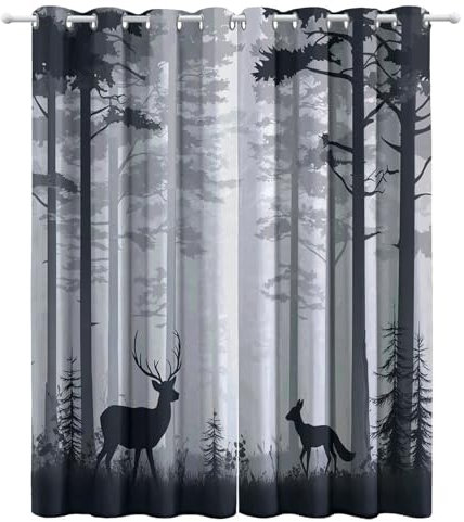 Gardinen Küchenvorhänge H166 x B75 cm (2er Pack) Blickdichte Gardinen Grau Verdunklungsvorhänge Urwald Hirschtiere Kinderzimmer Thermovorhang gegen Kälte