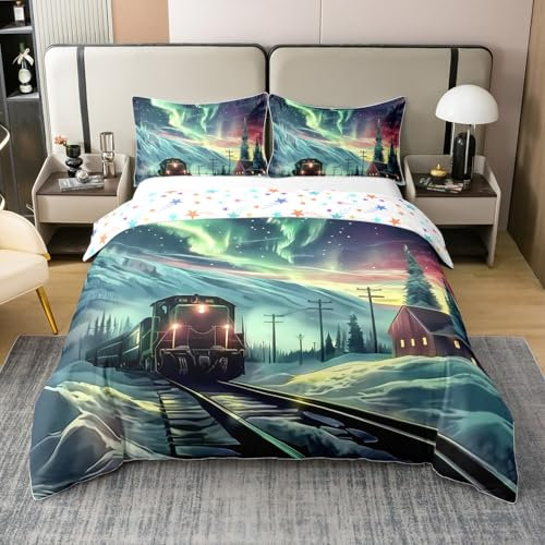 Retro Zug 100% Baumwolle Bettbezug 155x220 für Kinder Teens Erwachsene,Ölgemälde Sternenhimmel Bettwäsche Set,Schnee Berg Bettbezug,Türkis Polar Light Bett Set mit 1 Kissenbezug für Schlafzimmer