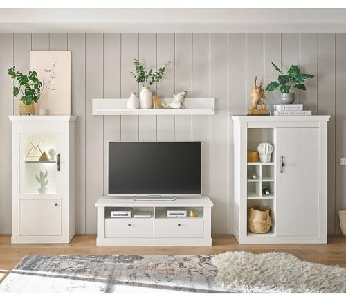 Lomadox Wohnwand Wohnmöbel Set, Pinie weiß, 4-teilig, Landhaus-Stil, Vitrine, Wandboard, Lowboard, Highboard, inkl. LED-Beleuchtung