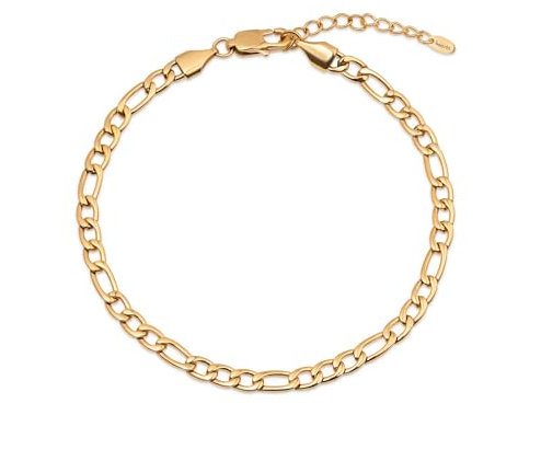 Amberta Silver Gold Waterproof Ankle Bracelets for Women | Boho Layered Anklets for Women | Summer Jewellery, Adjustable Ankle Chain Beaded Rope Heart: 4.2 mm Gold Figaro