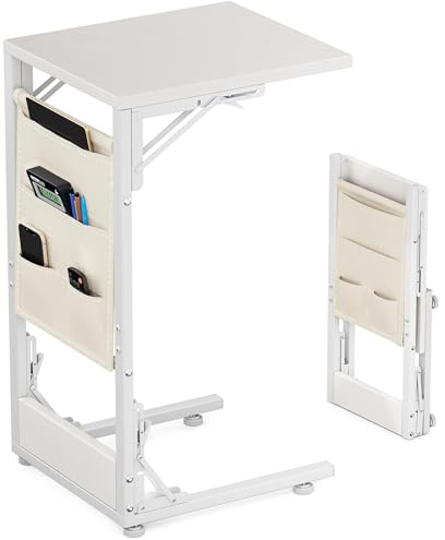 Bomclap C-Form Beistelltisch, Klappbarer Sofatisch Nachttisch mit Aufbewahrungstasche, Couchtisch mit Metallgestell für Wohnzimmer Schlafzimmer Büro, 30 x 40 x 64,5 cm (Weiß)