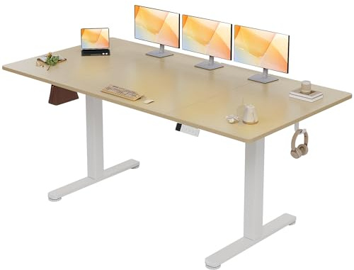 Claiks Höhenverstellbarer Schreibtisch 160x80cm, Schreibtisch Höhenverstellbar Elektrisch,Steh-Sitz Tisch mit 2 Haken und 3 Memory-Funktion, Stehpult Verstellbarer Computertisch, Standing Desk, Beige