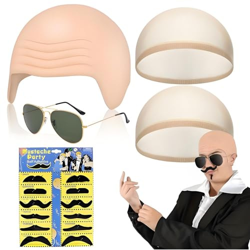 Latex Glatze Maske, Latex kahle Kappe, Elastische Haarnetz, Kühle Sonnenaugen 15 Stück Schwarz Fake Bart, Party Kostüm Glatzenkappe Halloween Cosplay für Herren Rollenspiele Karneval Fasching Pitbull