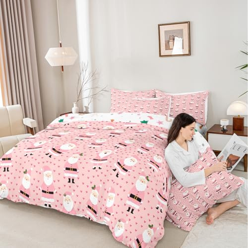 Homemissing Weihnachten Bettwäsche Set 135x200cm für Kinder Jungen Mädchen Süße Weihnachtsmann Bettwäsche-Set Cartoon Weihnachtsfest Thema Bettbezug Set Schlafzimmer Dekor Rosa Liebe Bettwäsche
