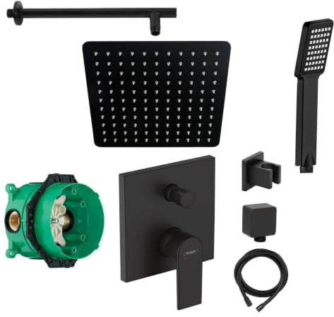 vanvilla Duschsystem Unterputz mit Duscharmatur Hansgrohe schwarz HGS87 | Duscharmatur von Hansgrohe Vernis Shape Einhebelmischer und vanvilla Regendusche Duschkopf eckig, Dusch-SET schwarz