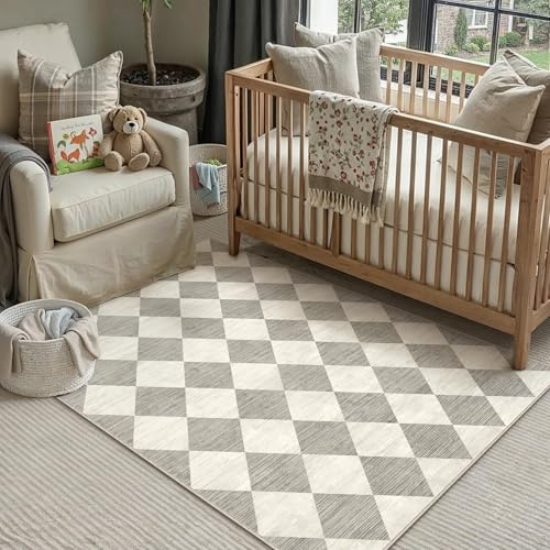 PureCozy Teppich 120x170cm Grau Waschbar Moderne Kariert | Moderner Karo Teppiche,Waschbar,Rutschfest,Weich,Kurzflor,für Wohnzimmer,Schlafzimmer,Esszimmer,Büro