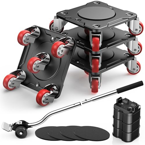 WOUOW Kit para Mover Muebles Pesados con Elevador (Negro) | Placa de Acero al Carbono Reforzada, 5 Ruedas TPE Giratorias 360°, Capacidad 500 kg, Kit de Transporte de Muebles