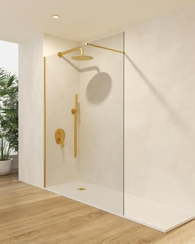 Mice Duschabtrennung mit festem Paneel, festes Paneel, für Badezimmer, verstellbarer Arm, Edelstahl, transparent, gehärtetes Glas, 6 mm, Gold gebürstet, 90 x 195 cm