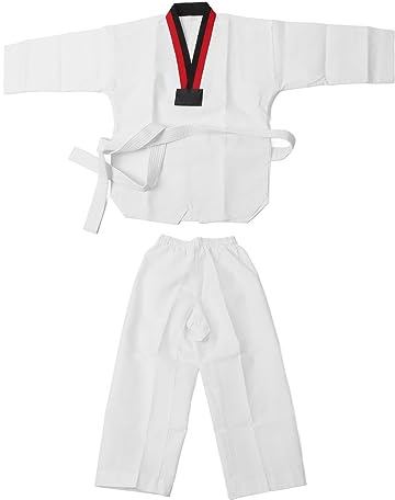 Haofy Taekwondo Uniform Cotton 485g White Black Red Collar | Lightweight Ventilated Fabric for Intense Training, Reinforced Stitching Prevents Rips During Kicks, Complete Set with Belt